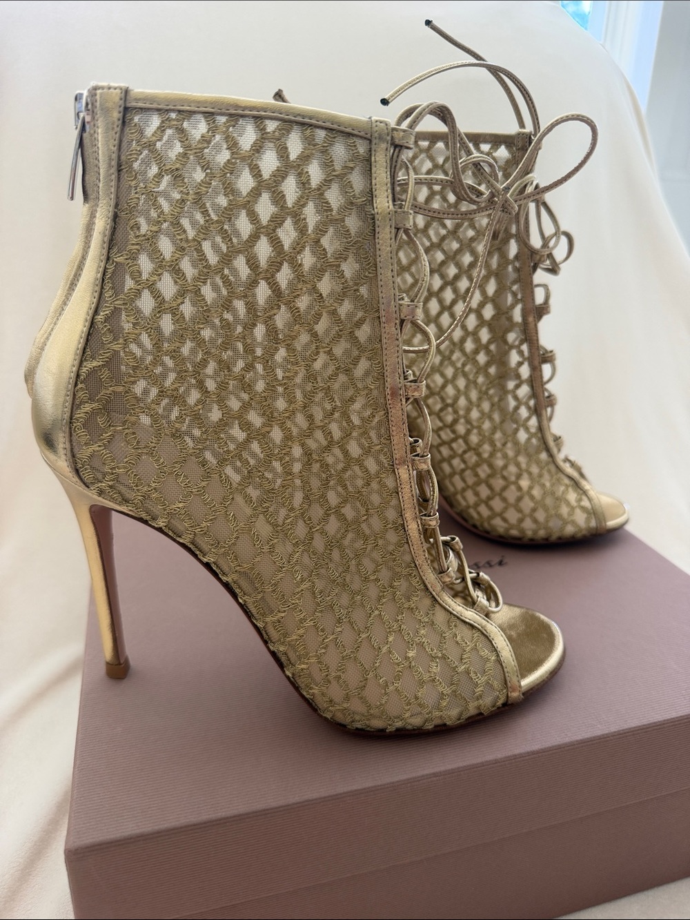 Gianvito Rossi Gold Lace-Up Peep-Toe Stiletto Ankle Booties